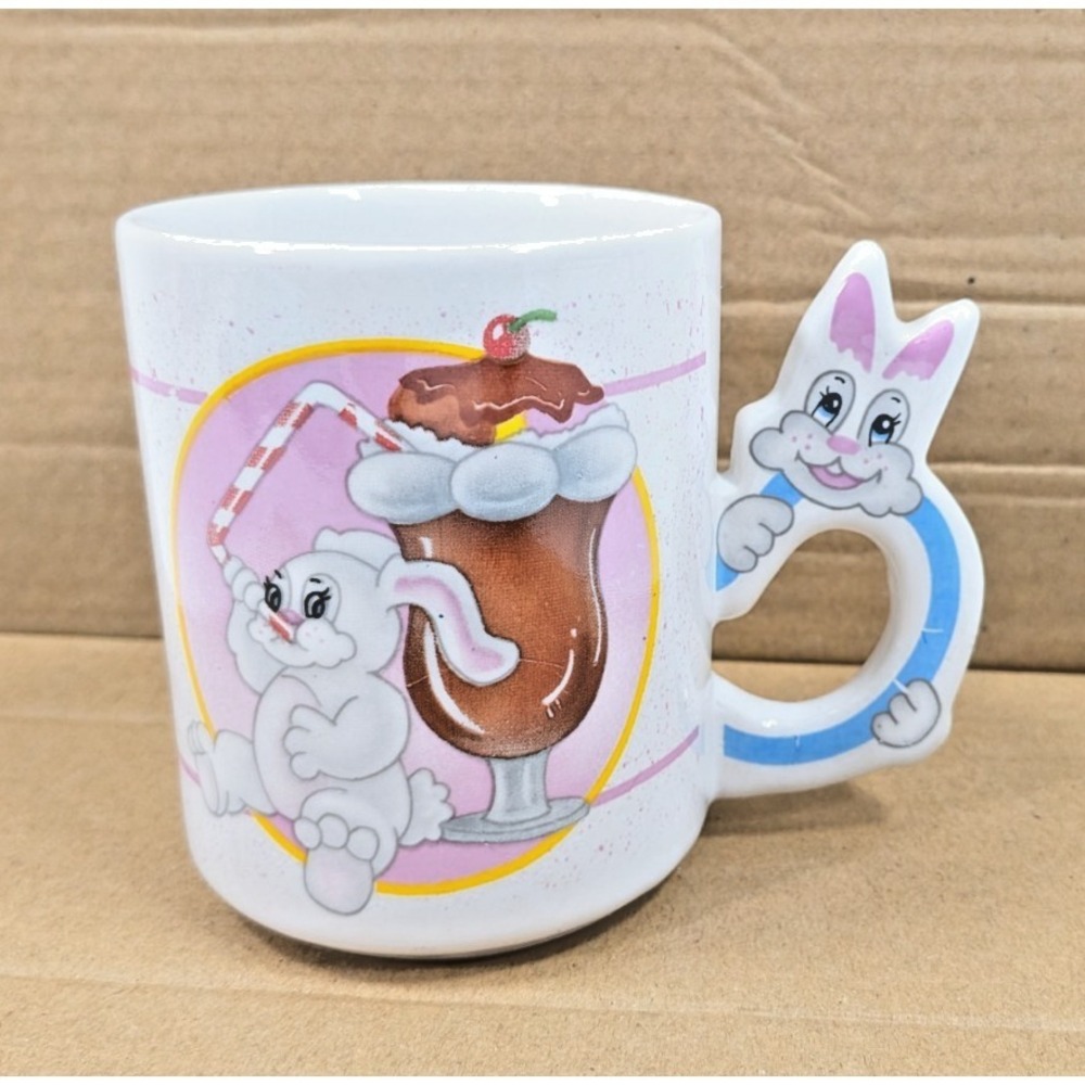 Vtg 80s Mug Cup Bunny Rabbit Kitsch Pink Colorful Cute Dessert Ice Cream Funny